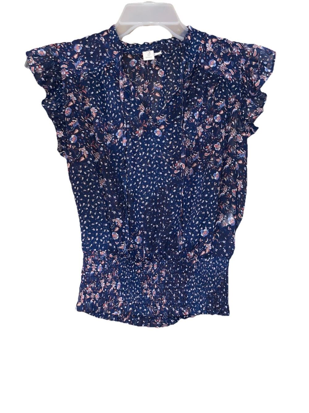 Joie Women’s Completely Sheer Short Sleeve Floral Blouse With Scrunch Waist Sz S